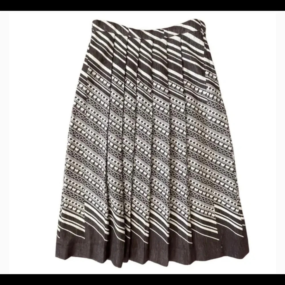Double Knit 100% Wool Pleated MIDI Skirt Brown Floral Stripe Size  8